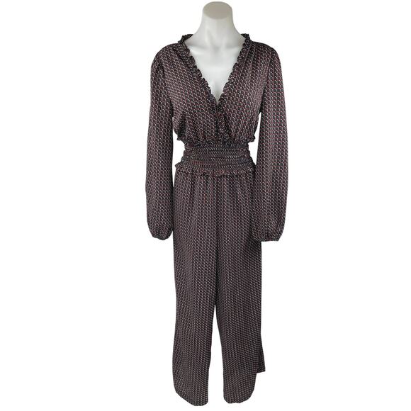 Max Studio Multicolor Geometric Long Sleeve Smocked Wide Leg Romper Jumpsuit M - Picture 1 of 5